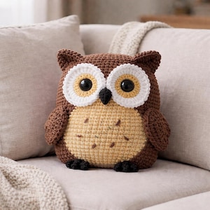 Puede incluir: Un cojín de búho tejido a ganchillo en tonos marrón, crema y beige. El búho tiene ojos grandes y redondos con pupilas negras, centros amarillos y bordes blancos. El cuerpo es beige con detalles marrones.