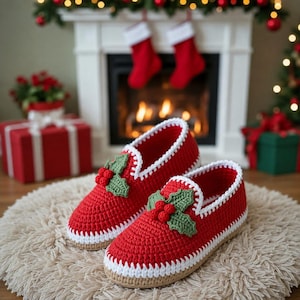 May include: A pair of red crochet slippers featuring a white trim along the sole and opening, adorned with a green holly leaf and red berry applique on the top of each shoe. The slippers have a textured knit construction and a tan base.