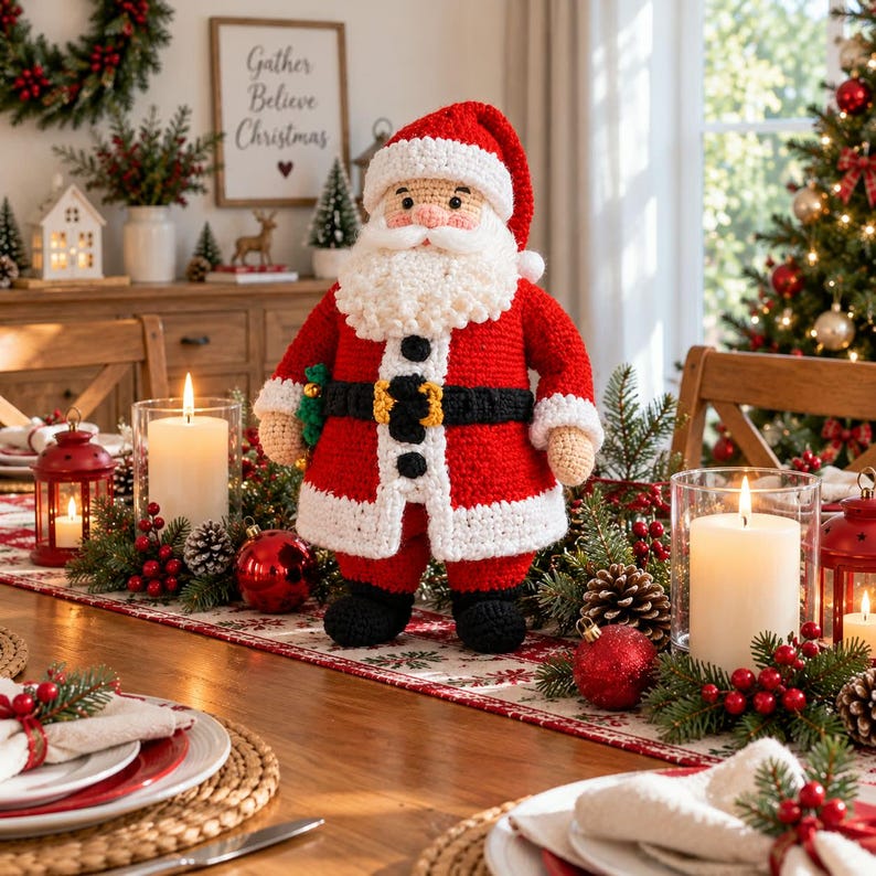 May include: A crocheted Santa Claus doll featuring a red coat with white trim, a black belt with a gold buckle, and black boots. The figure has a textured white beard, a matching red hat with a white brim, and light-colored skin tone hands.