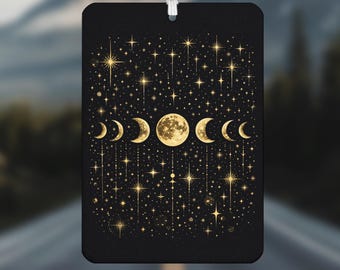 Deodorante per auto celeste, fasi lunari in stile boho retrò, accessori per auto a tema cielo notturno, stelle e luna, deodorante per interni, decorazioni per auto a tema stregoneria.