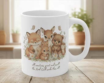 All Creatures Great and Small 90s Retro Graphic Woodland Creature Mug, Sunday School Teacher Cup, Kids Ministry Gift, Christian Animal Lover