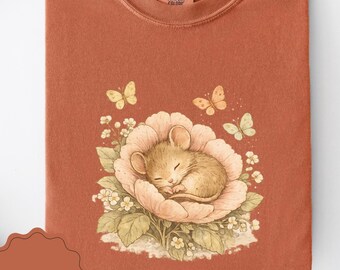 Maglietta floreale con topo addormentato, maglietta stile cottagecore con tema boschivo, graziosa maglietta boho per amanti della natura, regalo stravagante per baby shower a tema topo, graziosa maglietta per neonati con topo