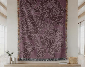 Coperta vintage tessuta con motivi floreali in linoleum, peonie e ranuncoli, regalo retrò con fiori selvatici per la mamma, regalo di compleanno in stile cottagecore per la migliore amica a giugno