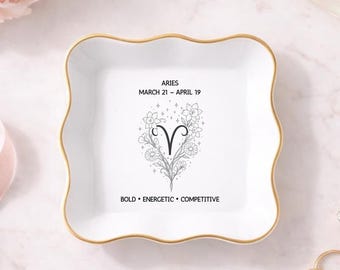 Personalized Zodiac Birth Flower Trinket Dish, Retro Zodiac Sign Flower Ring Dish, Wedding Bridesmaid Gift, Birthday Jewelry Dish for Mom