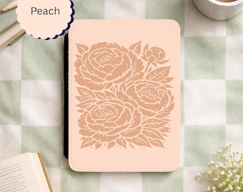 Custodia per Kindle con fiori in linoleografia vintage, custodia per Kindle floreale retrò boho per lei, regalo per la mamma amante delle peonie, custodia per Kindle botanica monocromatica