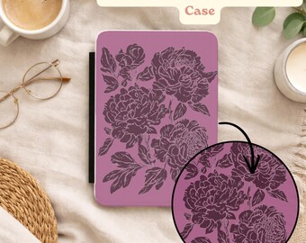 Custodia per Kindle con fiori in linoleografia vintage, custodia per Kindle con peonie e ranuncoli, regalo retrò con fiori selvatici per la mamma, regalo di compleanno in stile cottagecore per la migliore amica a giugno
