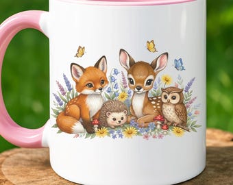 Tazza grafica anni '90 con creature del bosco, tazza botanica cottagecore, tazza grandmacore. Tazza color cerbiatto per gli amanti della natura, tazza da caffè floreale boho.