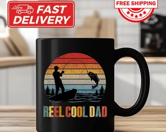 Reel Cool Dad Mug, Retro Fishing Mug Gift for Father, Fishing Gift for Grandpa, Fisherman Gift for Bonus Dad, Pregnancy Announcement Gift