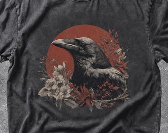 Maglietta vintage con corvo in linoleografia, maglietta retrò gotica con corvo, maglietta Dark Academia, regalo per amanti dei corvi, regalo Dark Floral Cottagecore, maglietta con grafica di uccelli