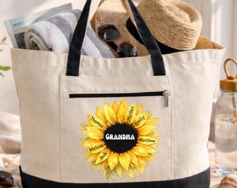 Borsa tote personalizzata con girasoli per la mamma, regali di compleanno per la mamma, borsa con girasoli e nomi dei bambini, decorazione da parete, borsa da spiaggia con girasoli per zia e mamma.