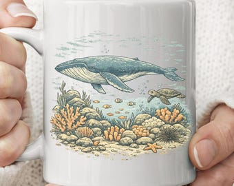 Tazza in ceramica retrò con balena megattera, tazza da caffè vintage per amanti delle balene, regalo per amanti delle balene, regalo per la salvaguardia dell'oceano, tazza vintage per l'osservazione delle balene.