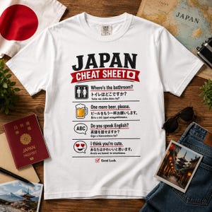 Funny Japan Cheat Sheet Travel T-Shirt | Funny Japan Travel Vacation T-Shirt | Japanese Phrase Guide Tee | Japanese Language