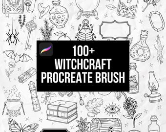 Set de 100 pinceles de brujería para Procreate | Pinceles mágicos y adorables de brujas para Procreate | Tatuajes caprichosos | Lote para Procreate | Sellos para Procreate