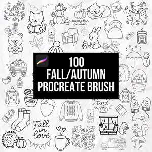 May include: A collection of black and white illustrations featuring autumn themes, such as pumpkins, bears, and leaves. The image includes the text "100 Fall/Autumn Procreate Brush". Other text includes "hello fall", "pumpkin season", and "Fall in love".