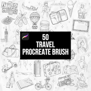 Può includere: Una collezione digitale di 50 pennelli Procreate a tema viaggio con illustrazioni in bianco e nero di monumenti, bagagli, passaporti, mappe, fotocamere, biciclette, scooter e varie icone di viaggio su sfondo bianco.
