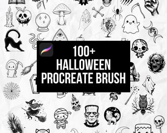 Set de más de 100 pinceles para sellos de Halloween para Procreate | Pinceles espeluznantes y adorables para Procreate | Tatuajes de Halloween | Lote para Procreate | Sellos para Procreate