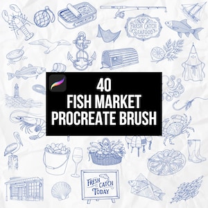Può includere: Una collezione digitale di 40 illustrazioni a linee blu con temi nautici e di frutti di mare, tra cui pesci, crostacei, ancore e attrezzatura da pesca, con il testo 40 FISH MARKET PROCREATE BRUSH su uno sfondo rettangolare nero.