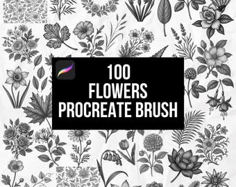 Set de 100 pinceles para sellos de flores para Procreate | Pinceles artísticos de estilo botánico y grabado | Set de tatuajes | Lote para Procreate | Sellos para Procreate