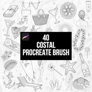 Può includere: Una collezione digitale di 40 pennelli Procreate a tema costiero con illustrazioni in bianco e nero di articoli da spiaggia, tra cui un bikini, una borsa, cocktail, ostriche, un sole, una collana di fiori, un'ancora, una sedia a sdraio e un cappello da sole.