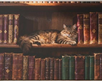May include: A canvas print of a wooden bookshelf filled with antique books. A fluffy, brown tabby cat is peacefully resting on the shelf. The books have various colors and textures, creating a cozy and inviting scene.