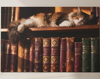 Sleeping Cat and Books Canvas Wall Art | Matte Stretched Canvas 1.25"