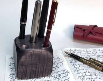 Wood Pen Holder, Pen Dice, Desk organizer, Pen display, Desk storage, fountain pen holder, pencil holder, office decor, Tiger maple black