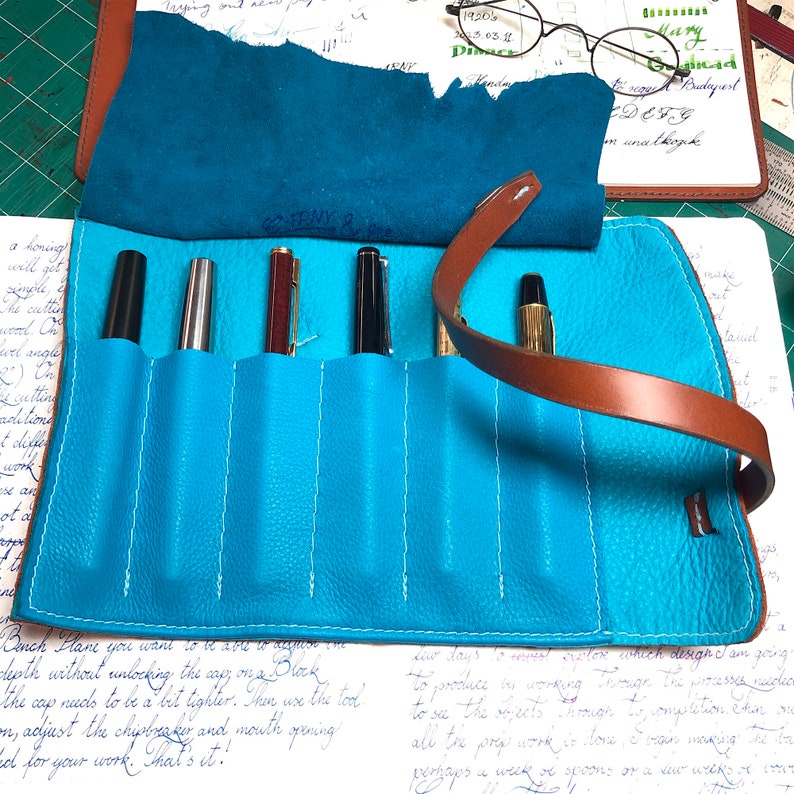 6 Pen Roll, leather pen roll, leather pen storage, leather pen holder, fountain pen roll, pen case, elk skin leather, chestnut blue, garny image 2