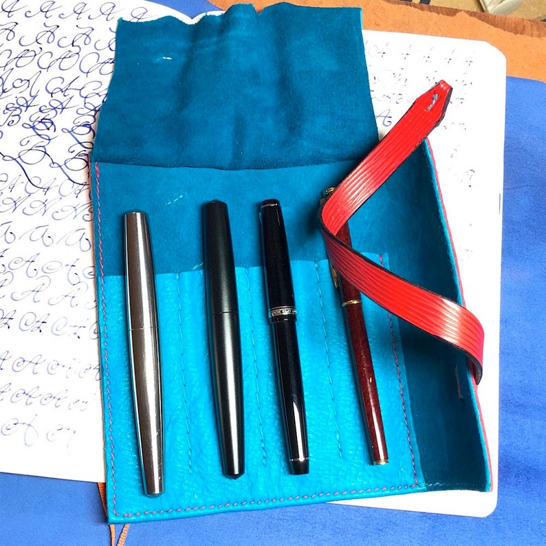 turquoise fountain pen roll leather pen holder red French EPI leather leather pen storage leather pen roll Pen Roll garny pen case