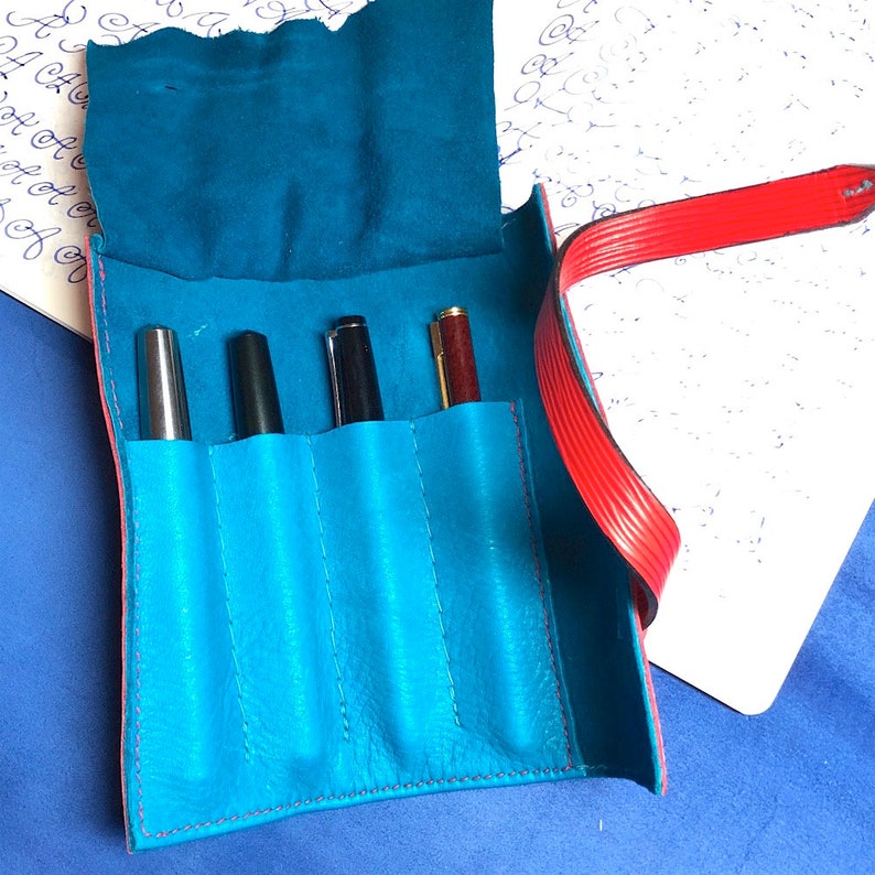 turquoise fountain pen roll leather pen holder red French EPI leather leather pen storage leather pen roll Pen Roll garny pen case