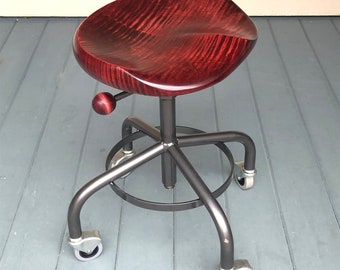 Industrial stool, metal base stool, guitar player stool, computer stool, shop stool, office stool, garny and co, red wine tiger maple