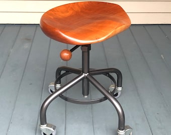 Industrial stool, made to order, metal base stool with cherry wood seat, guitar player stool, computer stool, shop stool, office stool