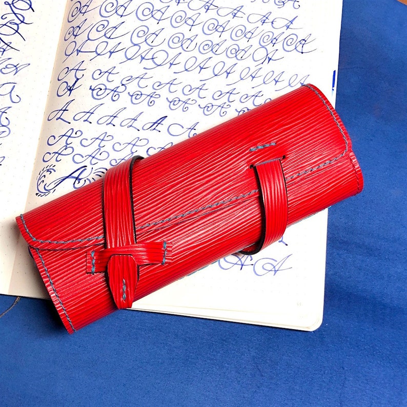 turquoise fountain pen roll leather pen holder red French EPI leather leather pen storage leather pen roll Pen Roll garny pen case
