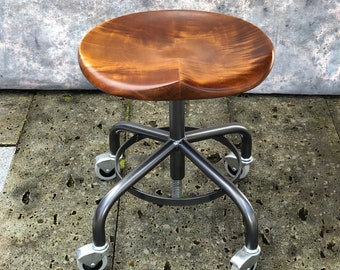 Industrial stool, Made to order, metal base stool with vintage orange tiger maple seat, guitar player stool, computer, shop, office stool