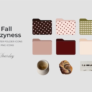 May include: A digital art graphic with the text "Fall Cozyess" and "Computer Folder Icons". The image features nine PNG icons, including folders with polka dots and plaid patterns, a coffee cup, a pastry, and a cassette tape.