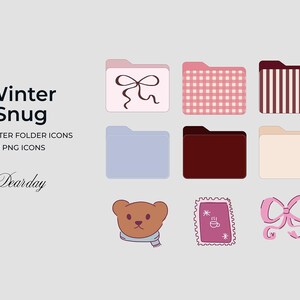 Könnte beinhalten: Eine Sammlung von neun Computerordner-Symbolen mit Winterthema. Die Symbole umfassen Ordner mit Schleifen, Vichy-Mustern und vertikalen Streifen. Weitere Symbole sind ein Teddybär, eine Briefmarke und eine Schleife.