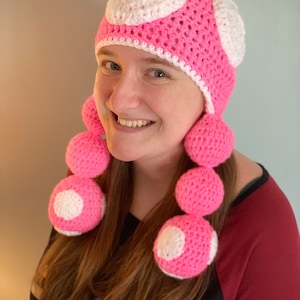Deluxe Crocheted Pink Toadette Ear-Flap Hat with ball braids