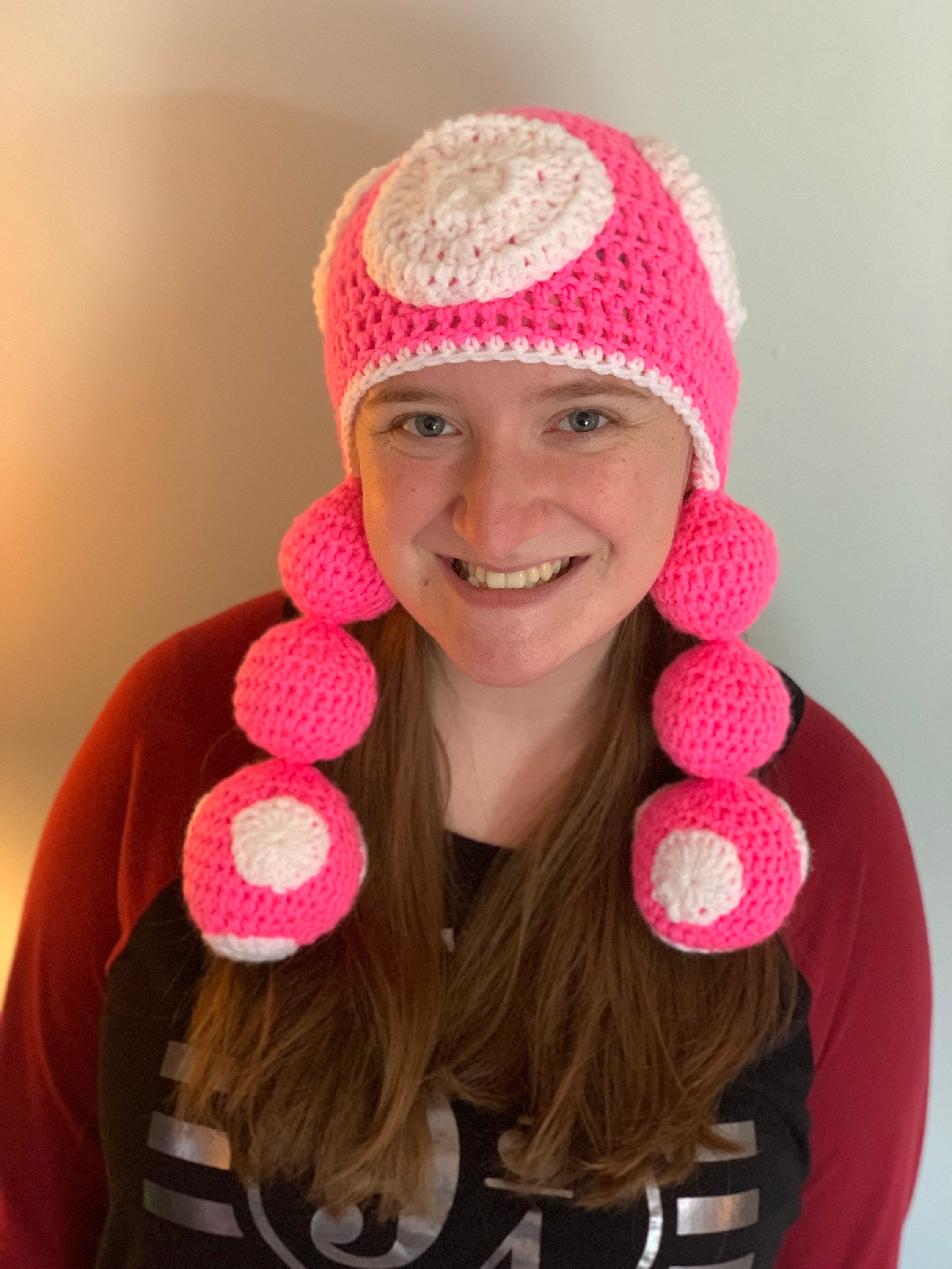 Deluxe Crocheted Pink Toadette Ear-flap Hat With Ball Braids Other