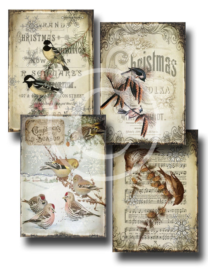 Birds In Snow - Christmas Hang Tags - Digital Collage Sheet 