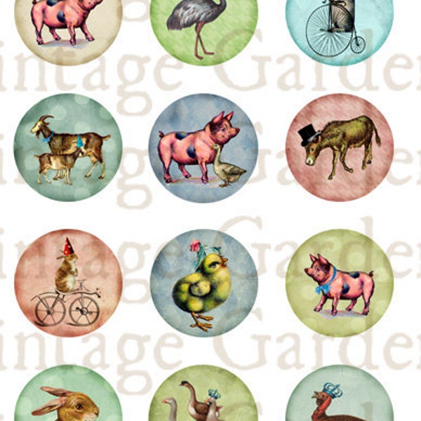 Farm Animals Party - Inchie Circles - Digital Collage Sheet - printable altered art round pendant necklace bottlecaps cabochon jewelry