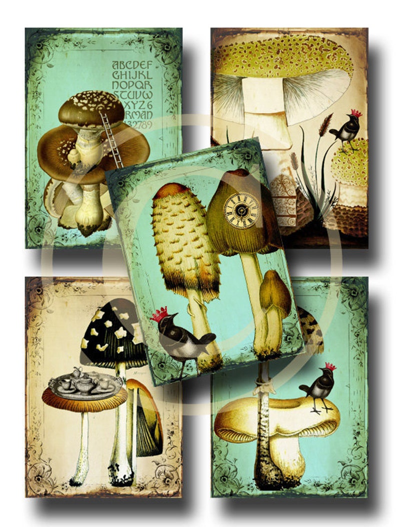 Whimsical Mushrooms ATC Enchanted Forest II Digital Collage Sheet image 1