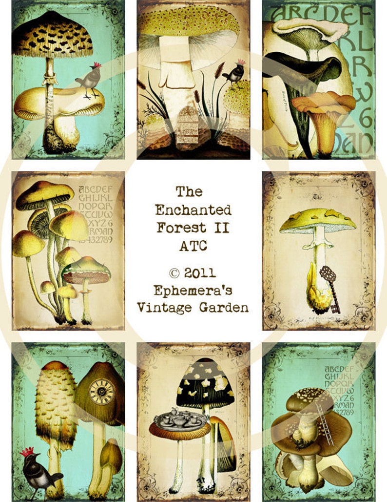 Whimsical Mushrooms ATC Enchanted Forest II Digital Collage Sheet image 2