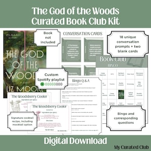 May include: A curated book club kit for "The God of the Woods" by Liz Moore. Includes conversation cards, a custom Spotify playlist, a signature cocktail recipe, a bingo game, and Q&A prompts. Digital download.