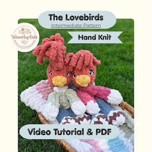 May include: Two hand-knitted bird plushies with red, yellow, and white accents, resting on a colourful blanket. The text "The Lovebirds" and "Hand Knit" are displayed. The image also includes the text "Video Tutorial & PDF".