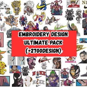 May include: A collection of embroidery designs featuring various anime and cartoon characters, logos, and illustrations. The designs are displayed on a white background, with a large red rectangle in the center that reads "EMBROIDERY DESIGN ULTIMATE PACK (+2700DESIGN)".