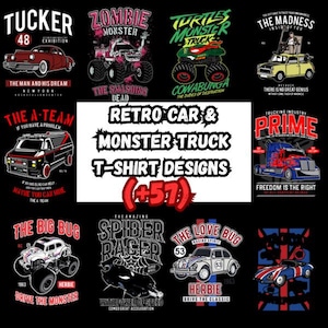 Retro Car & Monster Truck T-Shirt Designs | Vintage Vehicle Graphic Bundle | Classic Auto, Truck, and Movie Car Art for Print on Demand