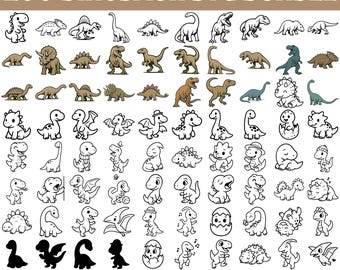 May include: A collection of 200 dinosaur SVG bundle designs. The image features a variety of dinosaur illustrations in both black and white and in color. The text "200 DINOSAUR SVG BUNDLE" is at the top of the image.