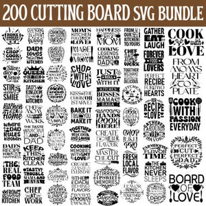 May include: A collection of 200 cutting board SVG designs. The designs feature phrases related to cooking, family, and the kitchen, in a bold, black font. The words are arranged in decorative shapes, perfect for kitchen decor.