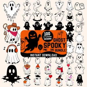 Könnte beinhalten: Eine digitale Sammlung von 100 Geisterillustrationen mit verschiedenen Charakteren in Schwarz, Weiß und Orange. Die zentrale orangefarbene rechteckige Grafik zeigt den Text 100 Premium Designs Ghost Spooky PNG SVG Bundle Instant Download.