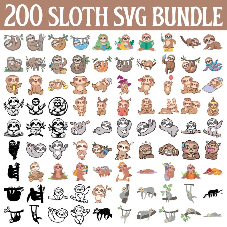Sloth SVG Clipart Bundle, Sloth Life, Cricut Cut Files - Etsy