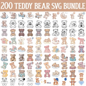 May include: A bundle of 200 teddy bear SVG designs, featuring diverse styles and colours. The bears are shown in various poses, some with balloons, toys, or hats. The text "200 TEDDY BEAR SVG BUNDLE" is displayed at the top.